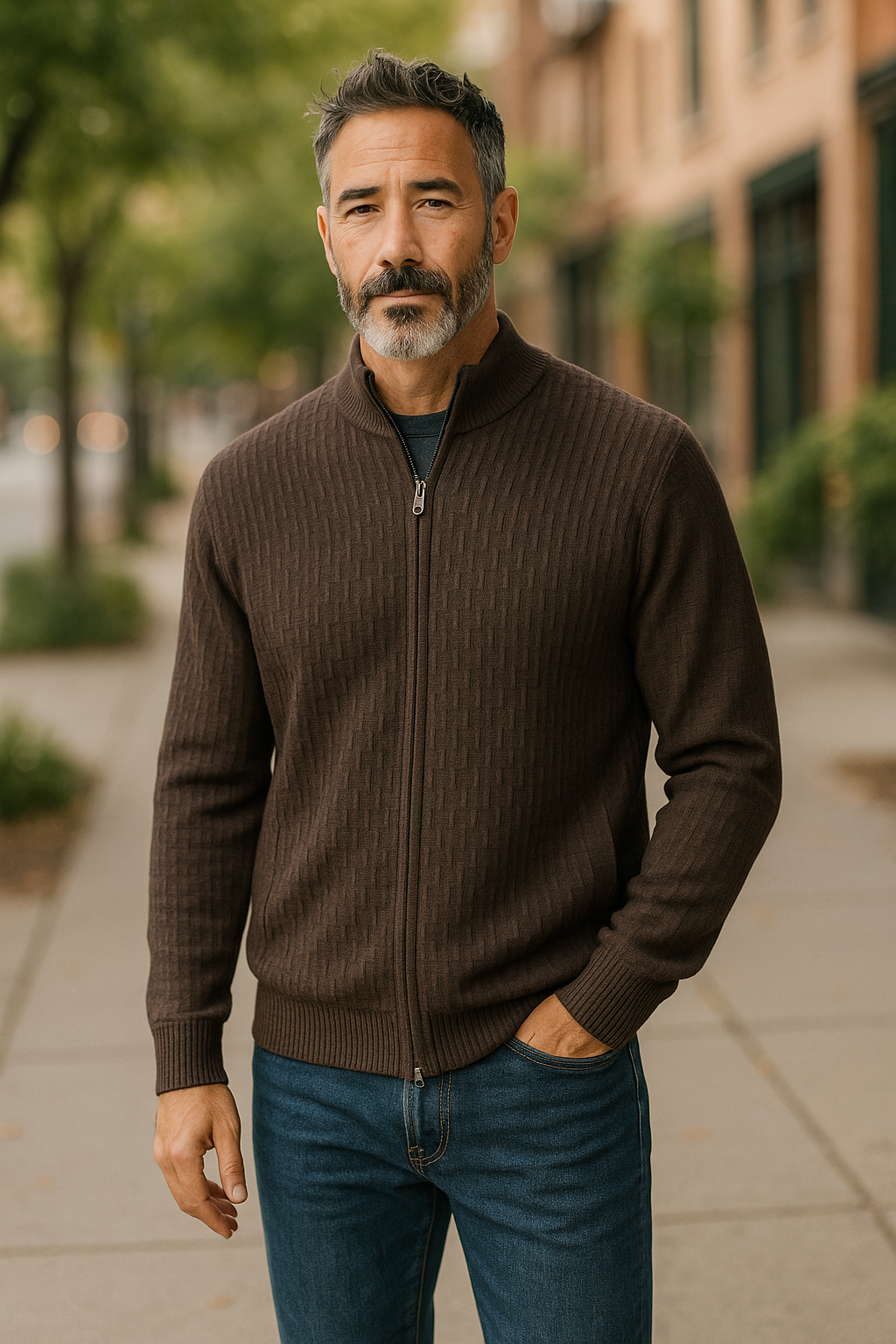 Fine Merino Wool Textured Zip Cardigan - Coffee Brown