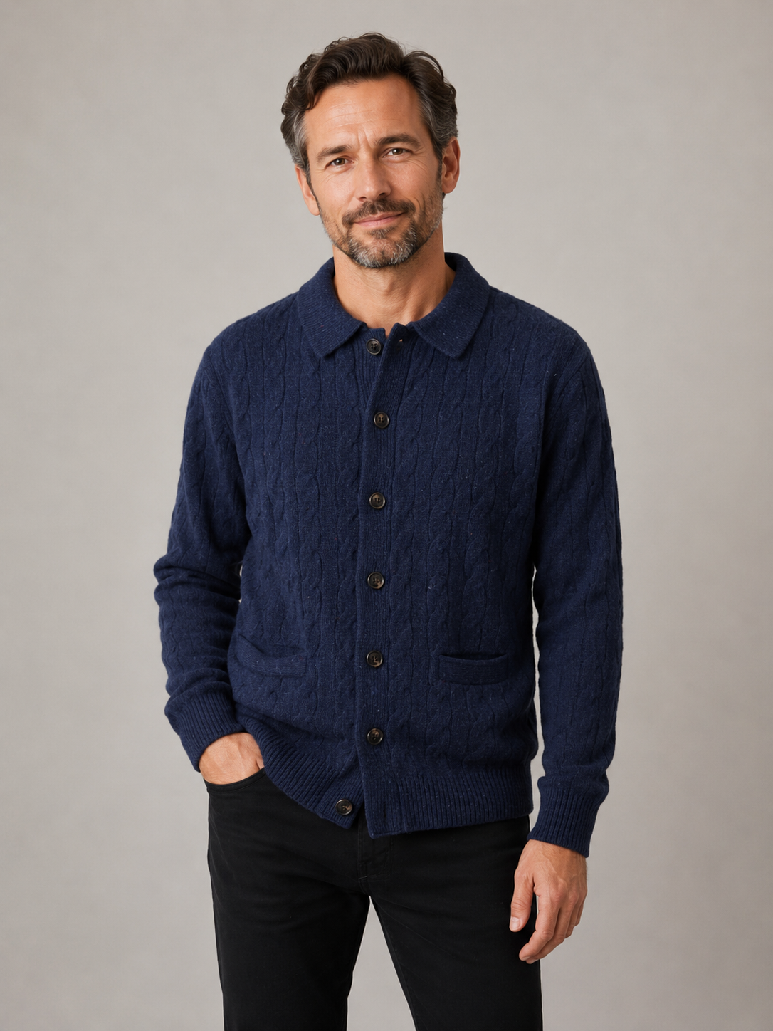 Men's Pure Wool Round Neck Cable Cardigan - Marine Blue