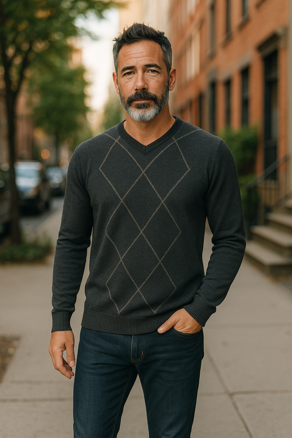 Ansett Charcoal Grey Argyle Cashmere Merino Wool Jumper (Size S Only)
