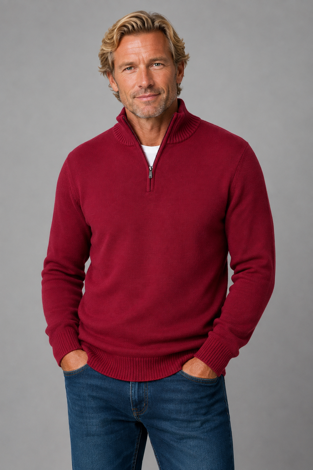 Mens Half Zip Cashmere Merino Wool Jumper - Claret Red