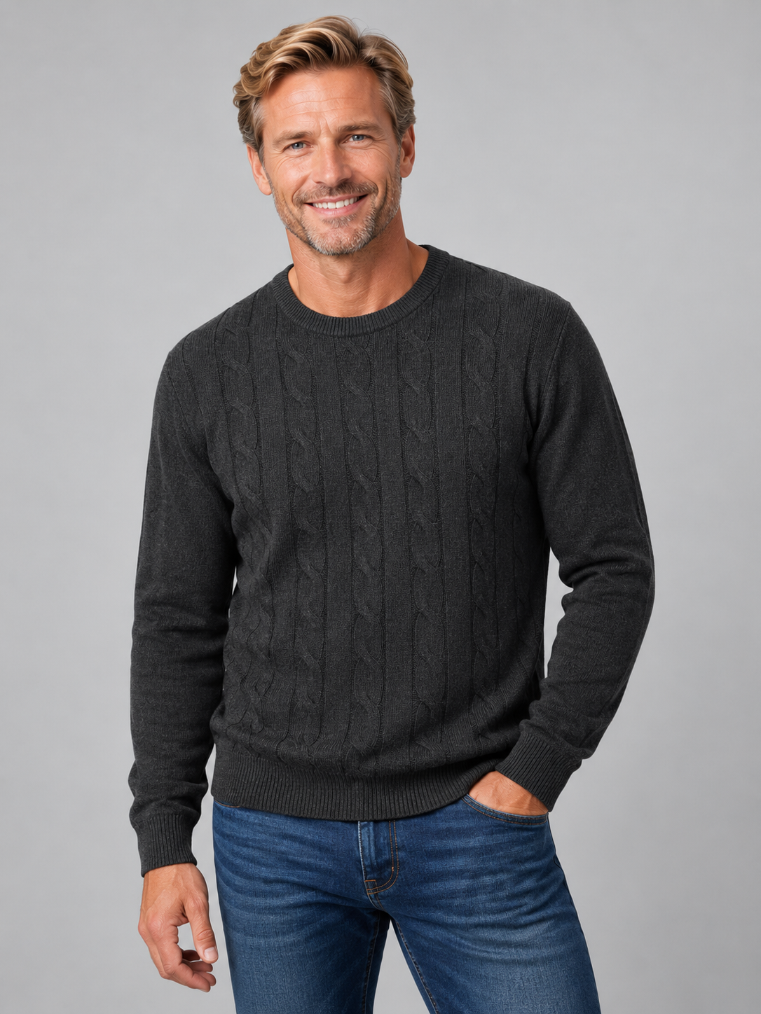 Ansett Mens Cashmere Merino Cable Knit Crew Neck Jumper -Charcoal