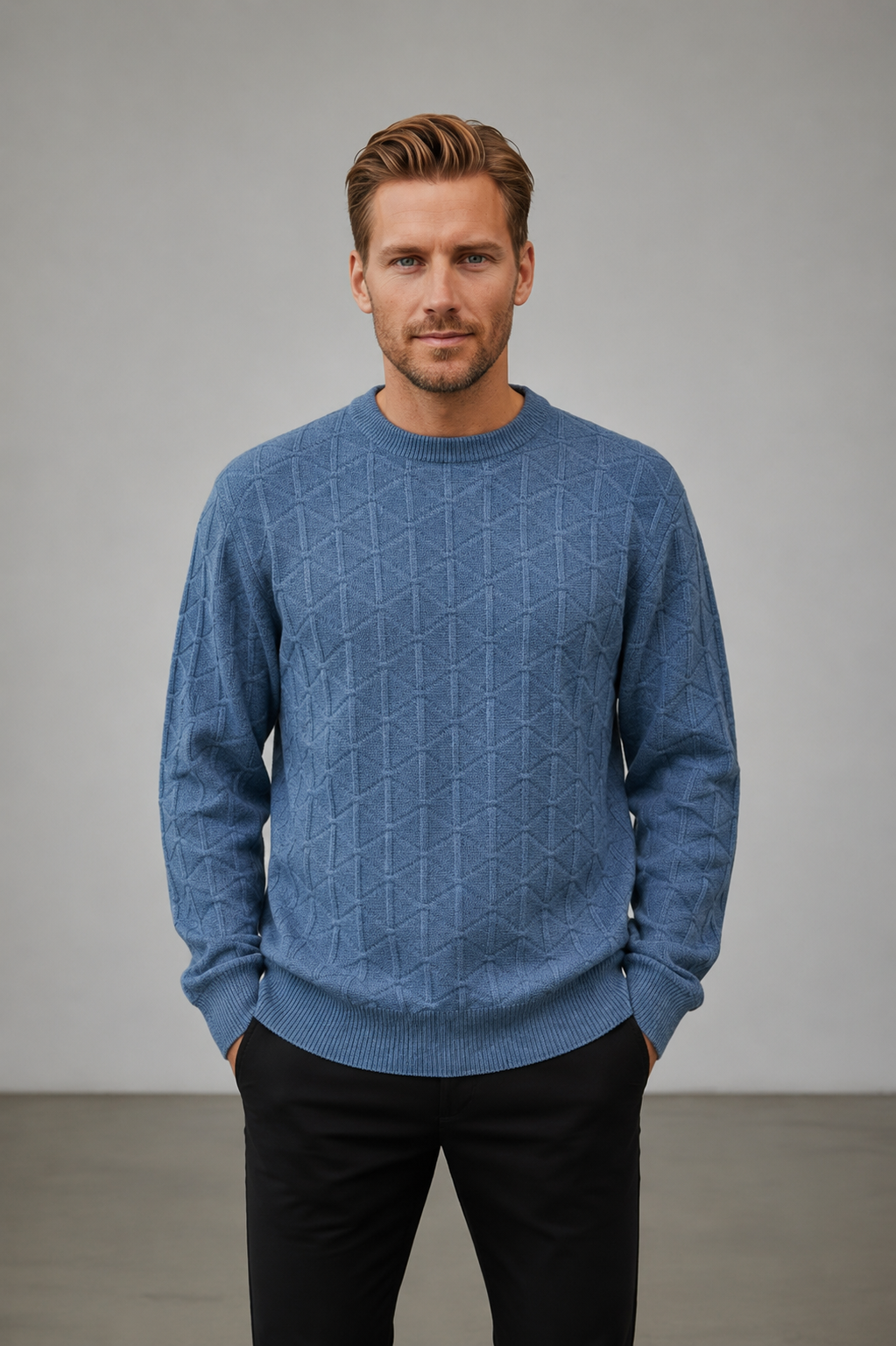 Men's Cashmere Merino Wool Textured Crew Neck Jumper - Light Blue