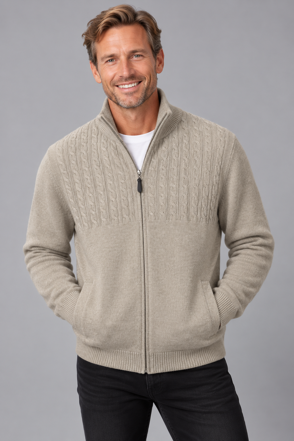 Ansett Beige Full Zip Cashmere Merino Wool Jacket