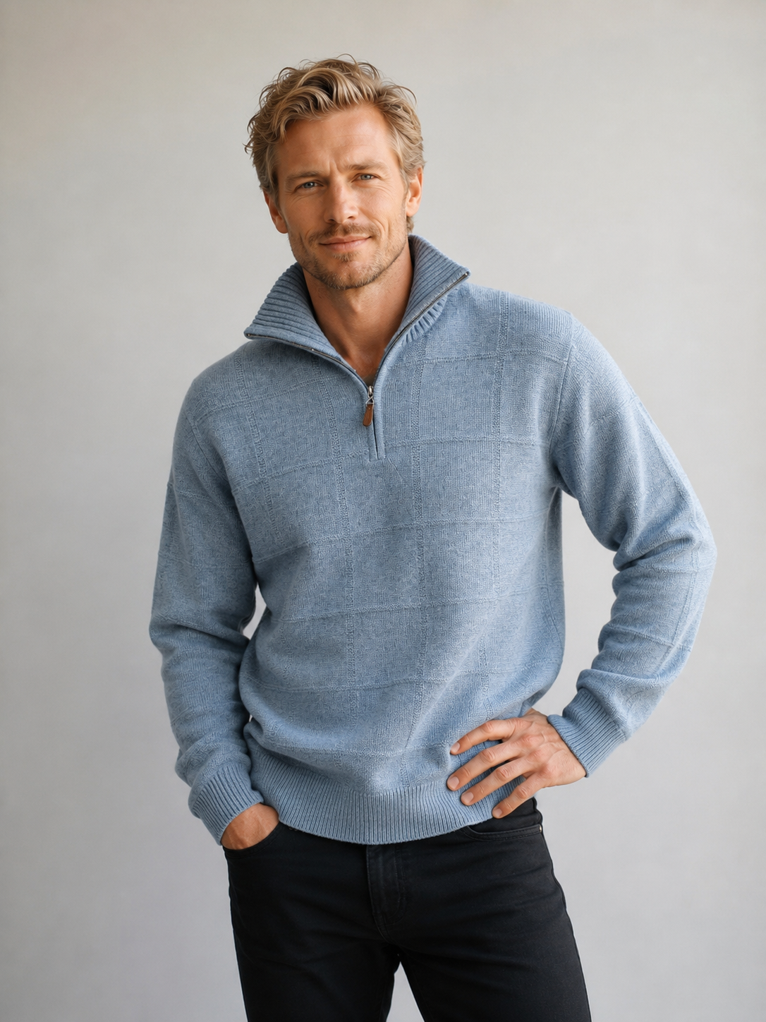 Ansett Blue Self Pattern Qtr Zip Cashmere Merino Jumper