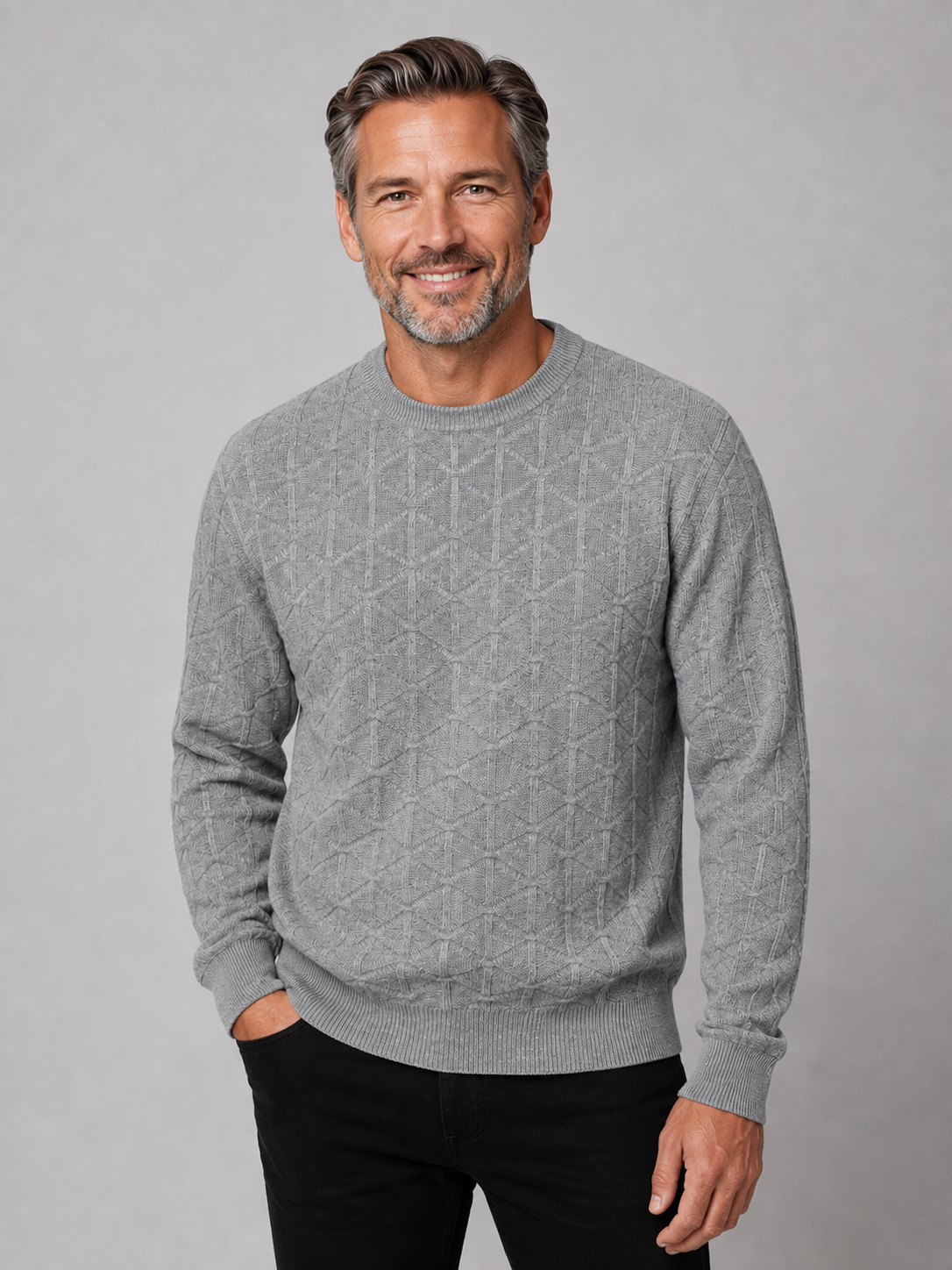 Men's Cashmere Merino Wool Textured Crew Neck Jumper - Grey