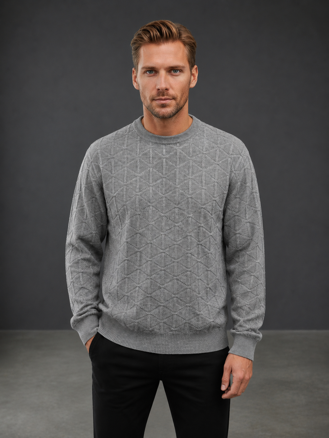 Men's Cashmere Merino Wool Textured Crew Neck Jumper - Grey
