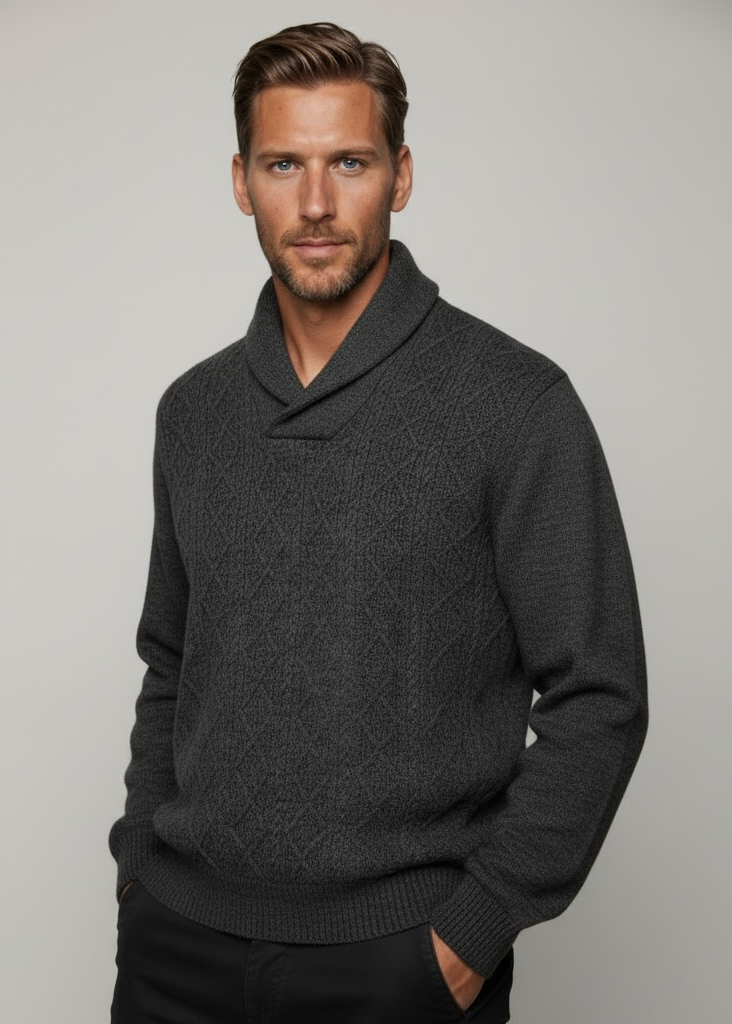 Ansett Wool Charcoal Patterned Shawl Neck Jumper