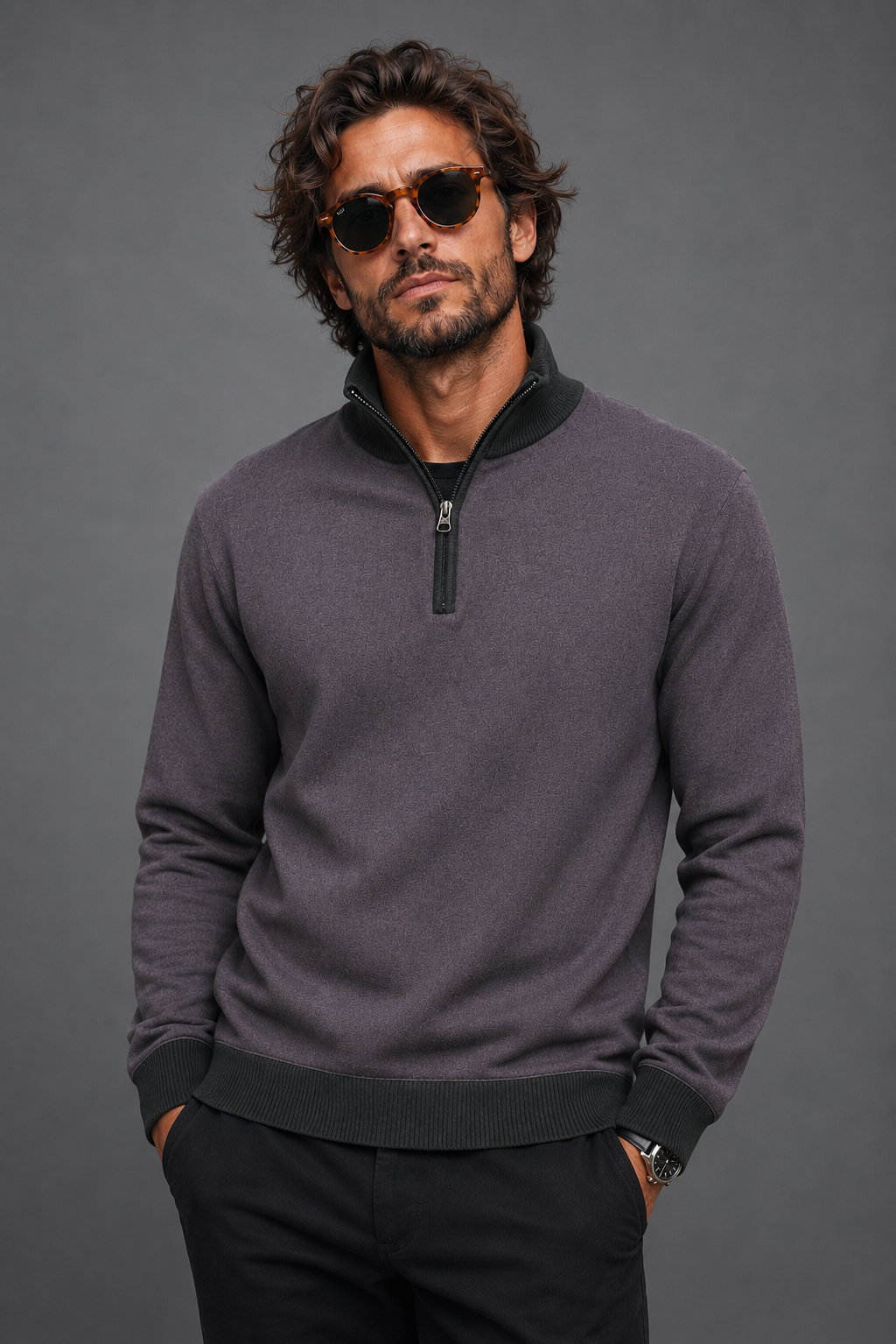 Ansett Graphite Two Tone Half Zip Cashmere Merino Wool Jumper