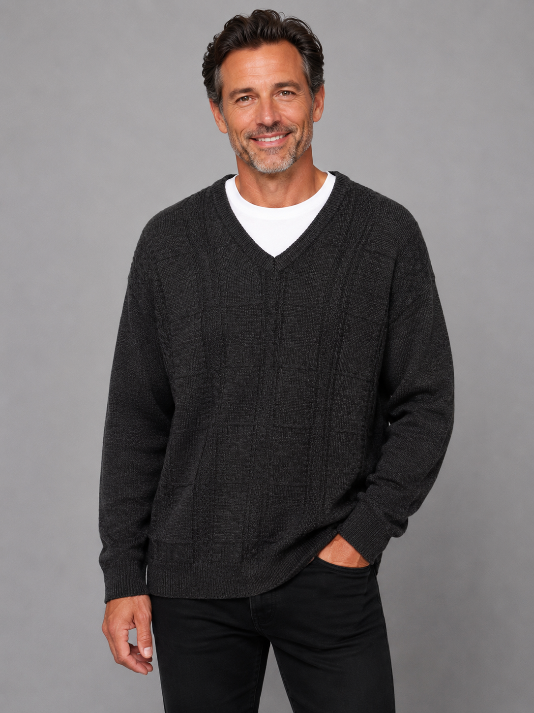 Mens V Neck Jumper Cable Pattern - Tradewinds By Ansett - Charcoal
