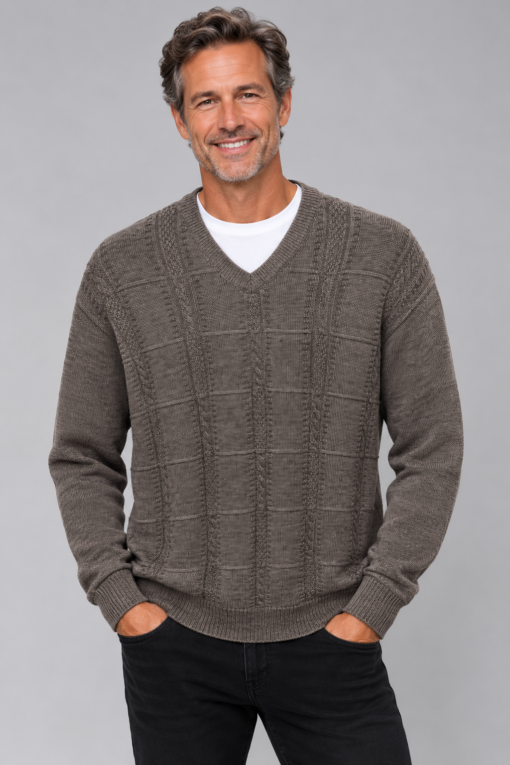 Mens V Neck Jumper Cable Pattern - Tradewinds By Ansett - Taupe