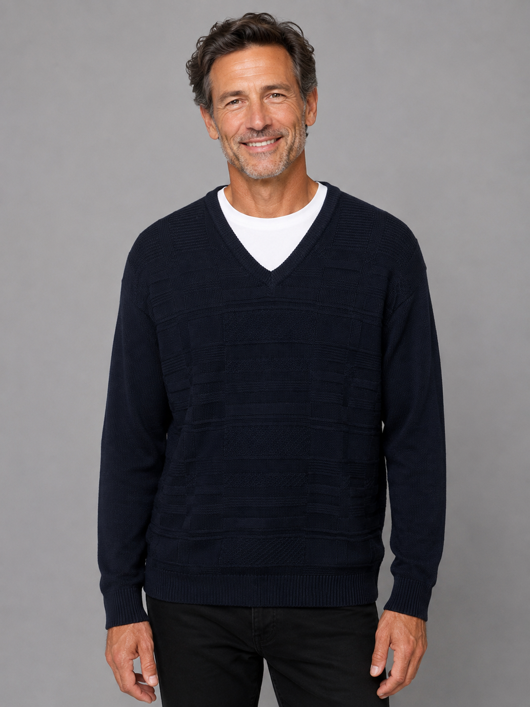 Mens V Neck Jumper Self Pattern - Tradewinds By Ansett - Navy