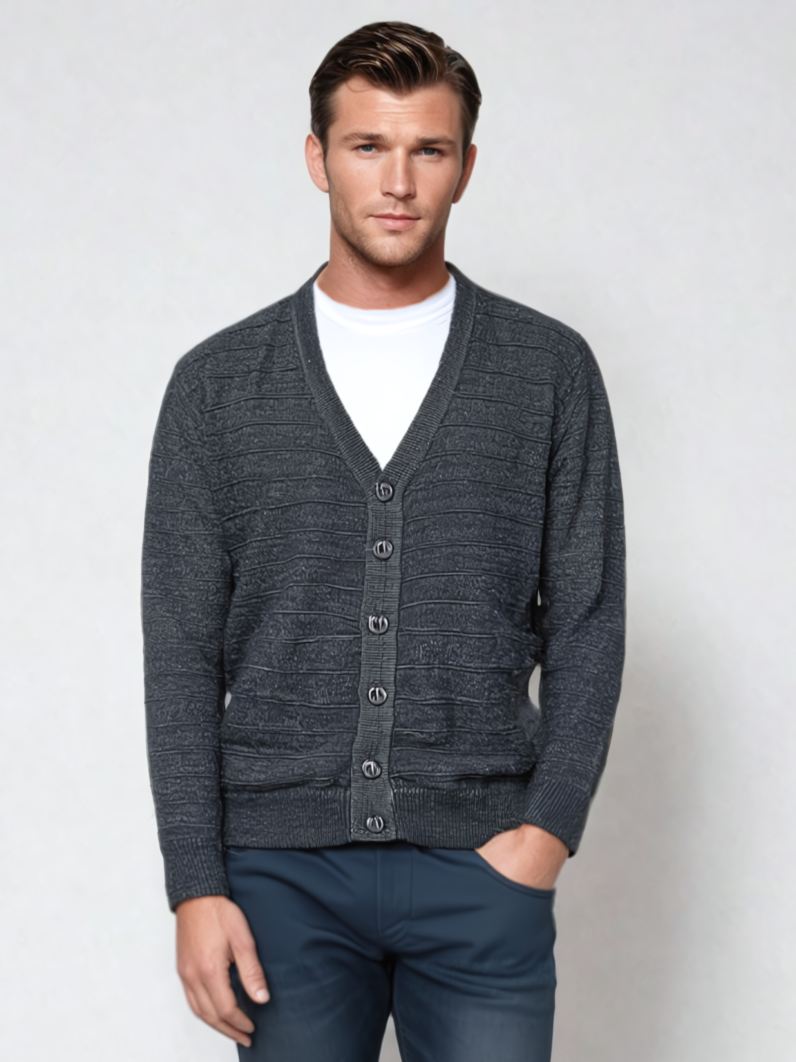 Pure Wool Ansett Patterned V Neck Cardigan 8054 Charcoal
