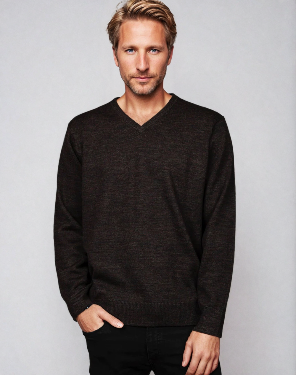 Ansett Timber Brown Super Wash Wool V Neck Jumper