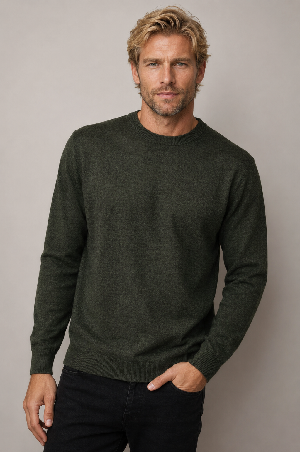 Olive Green Fine Weight Merino Wool Crew Neck