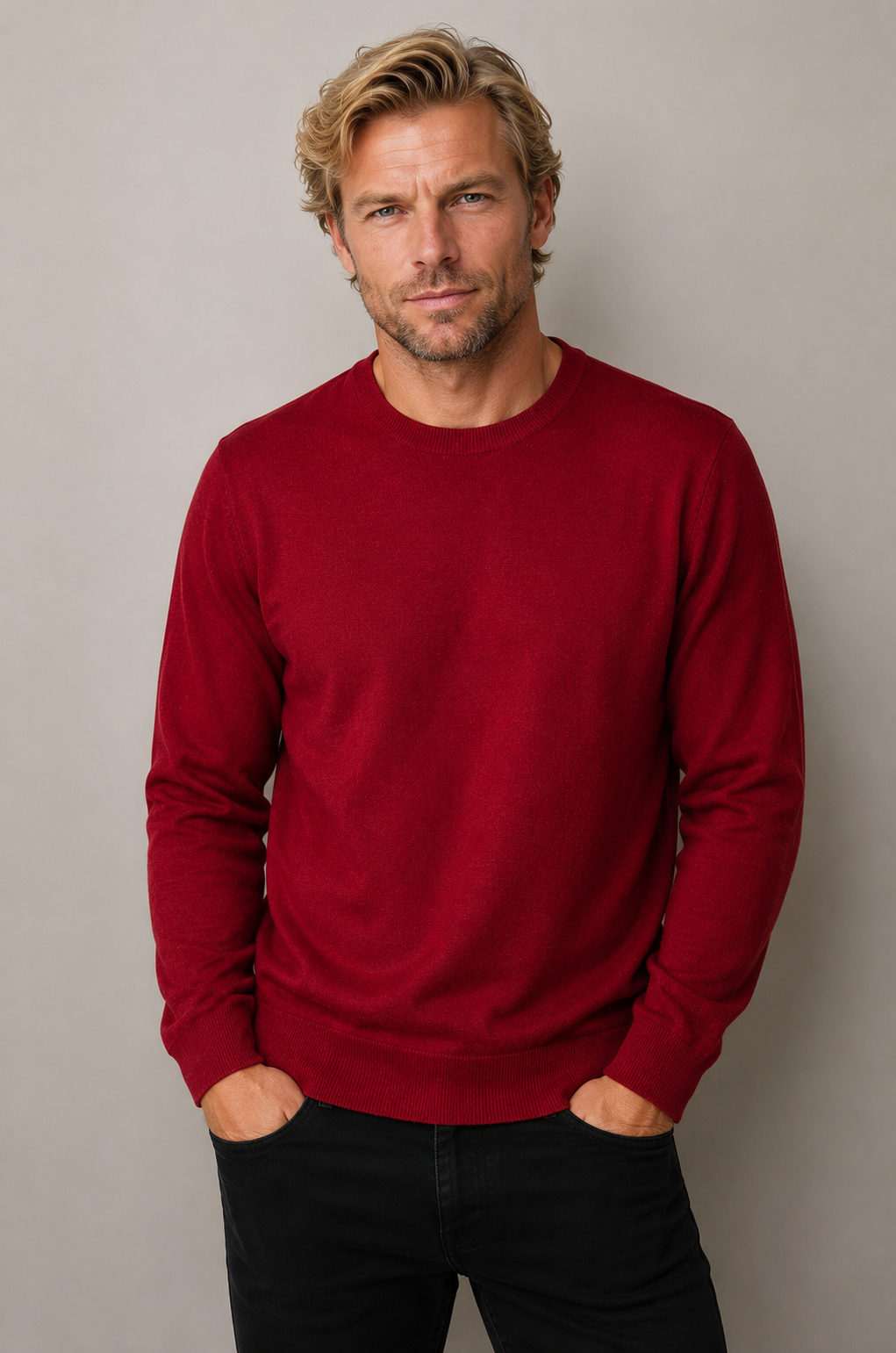 Red Fine Weight Merino Wool Crew Neck