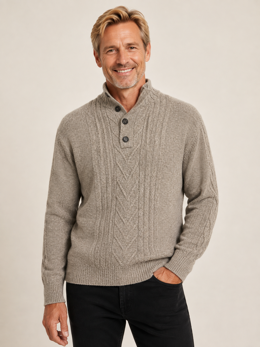 Super Soft Merino Wool Polo Neck Button Collar Jumper - Oatmeal