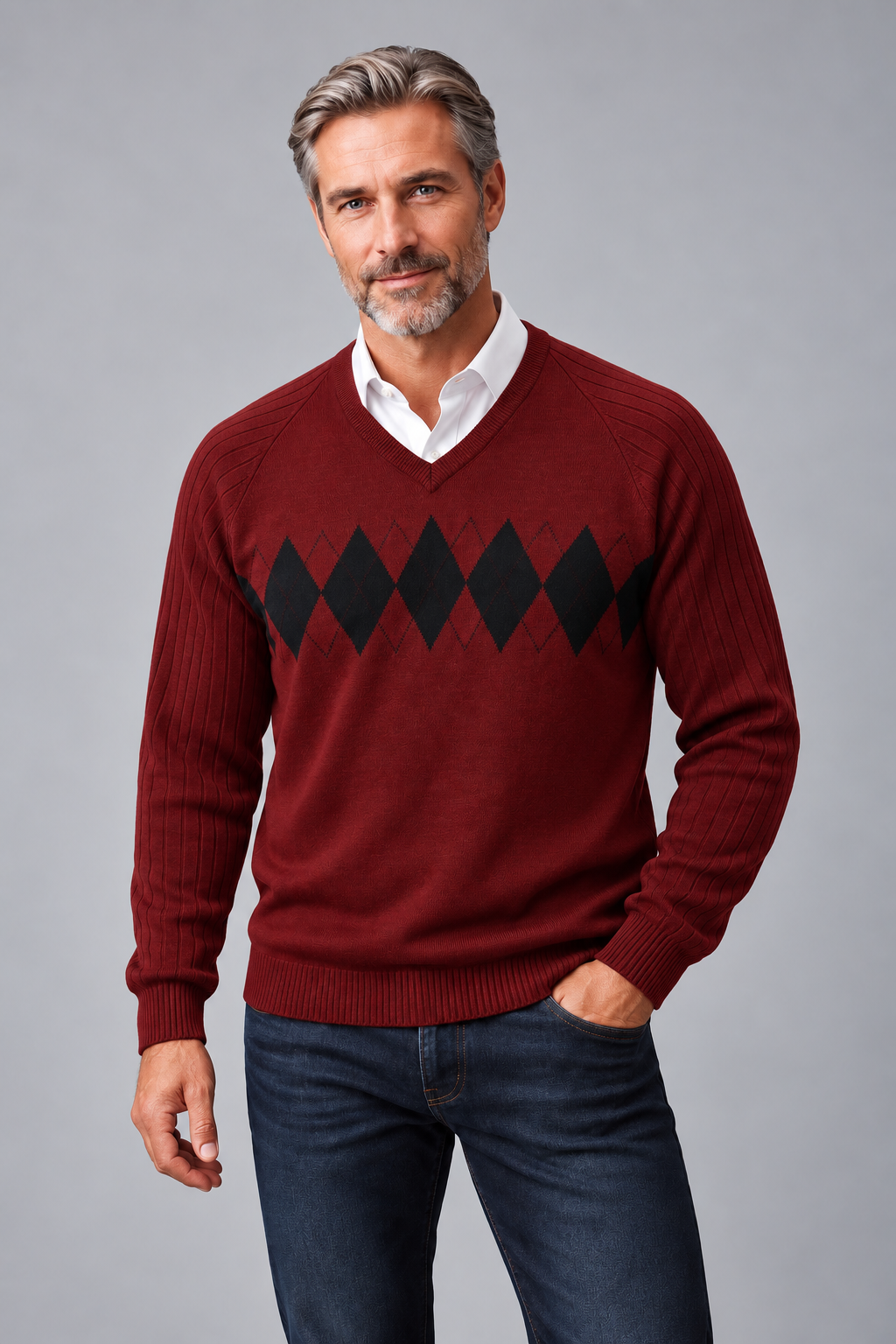 9333 Red Argyle V Neck Jumper - Tradewinds By Ansett
