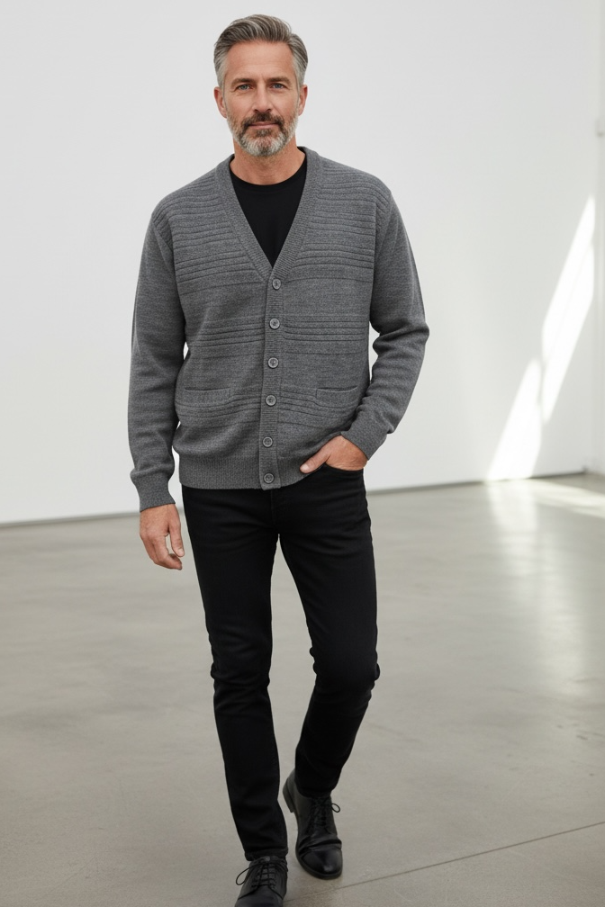 Men's Pure Wool V Neck Textured Cardigan - Grey