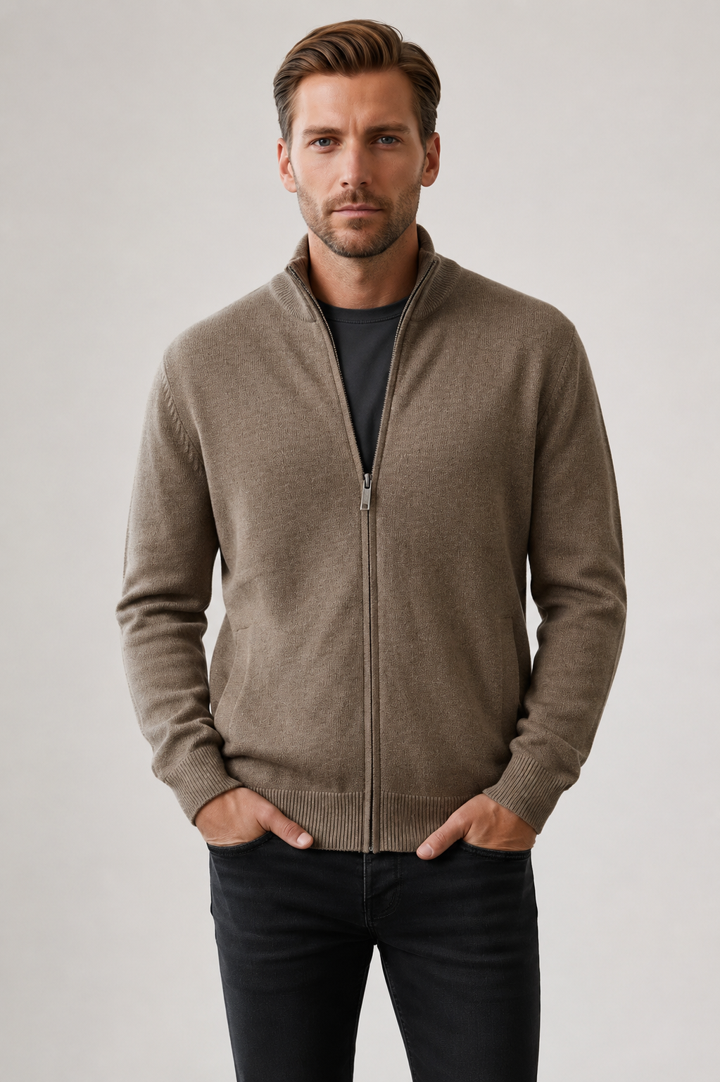 Ansett Men's Cashmere Merino Wool Full Zip Jacket - Nutmeg Brown