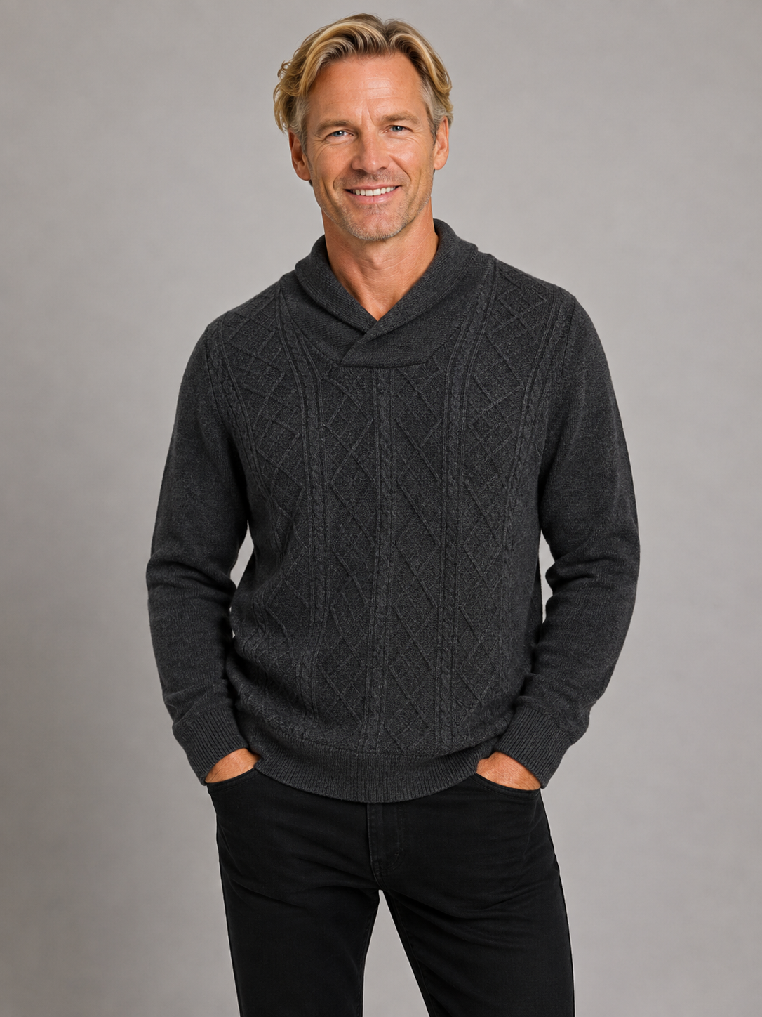Ansett Men's Wool Patterned Shawl Neck Jumper - Charcoal
