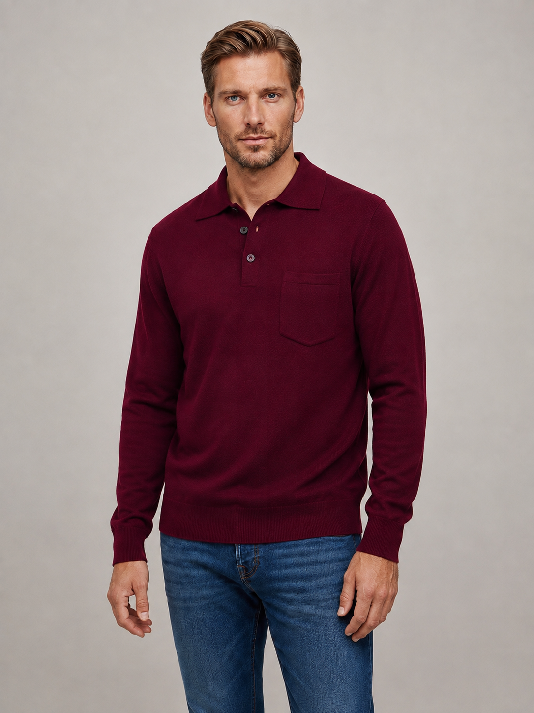 Ansett Merlot Green 3 Button Polo Fine Merino Wool Jumper