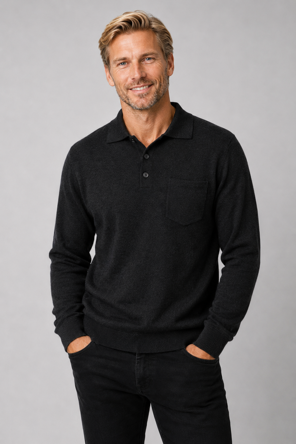 Ansett Mens 3 Button Polo Fine Merino Wool Jumper - Charcoal Grey