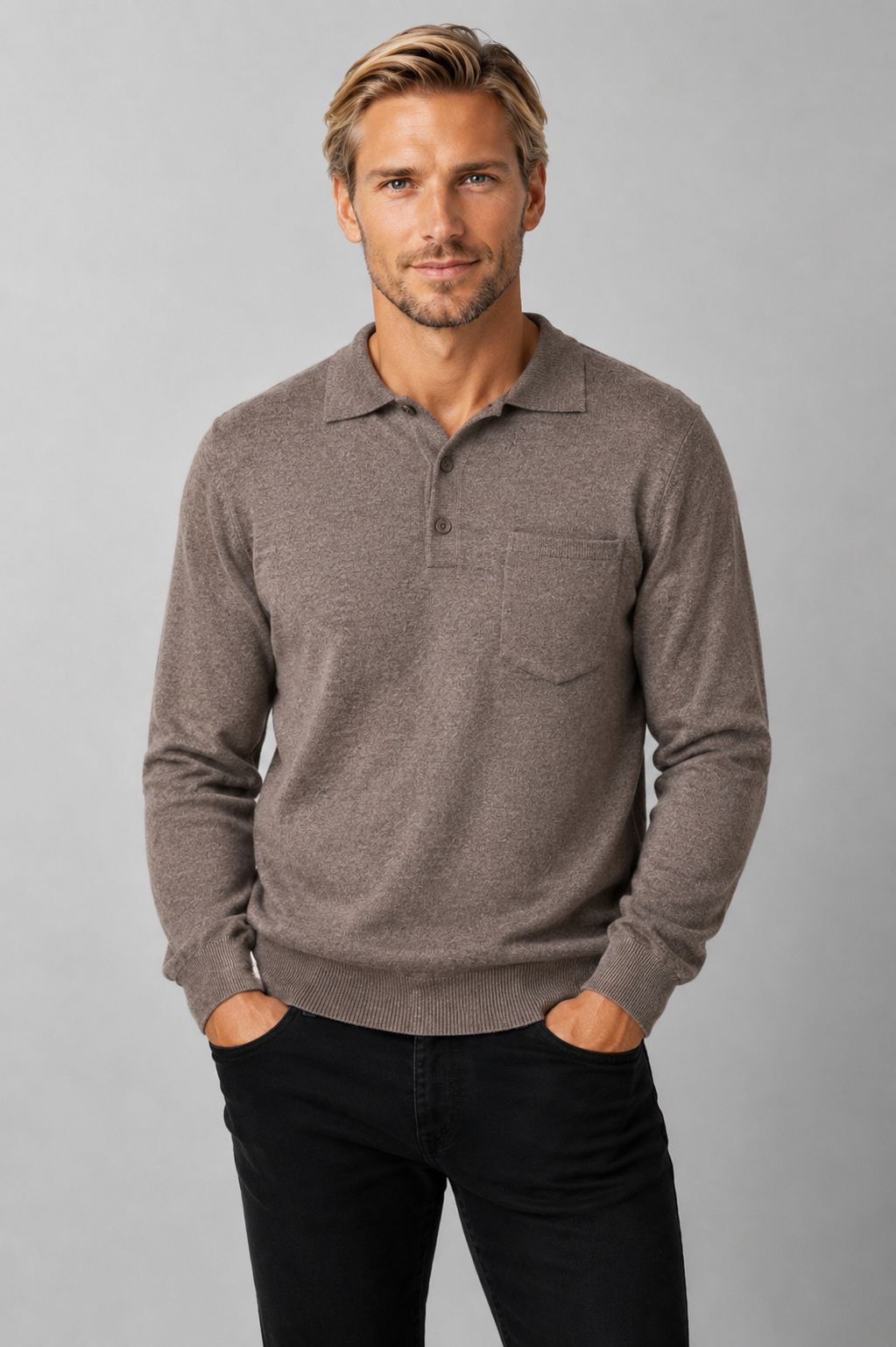 Ansett Mens 3 Button Polo Fine Merino Wool Jumper - Date