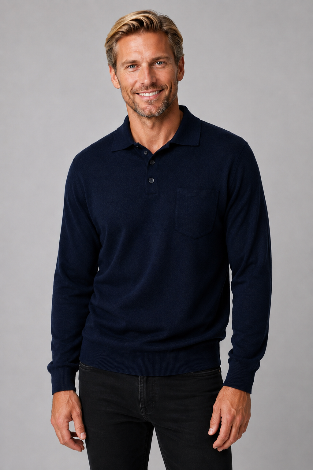 Ansett Mens 3 Button Polo Fine Merino Wool Jumper - Navy Blue