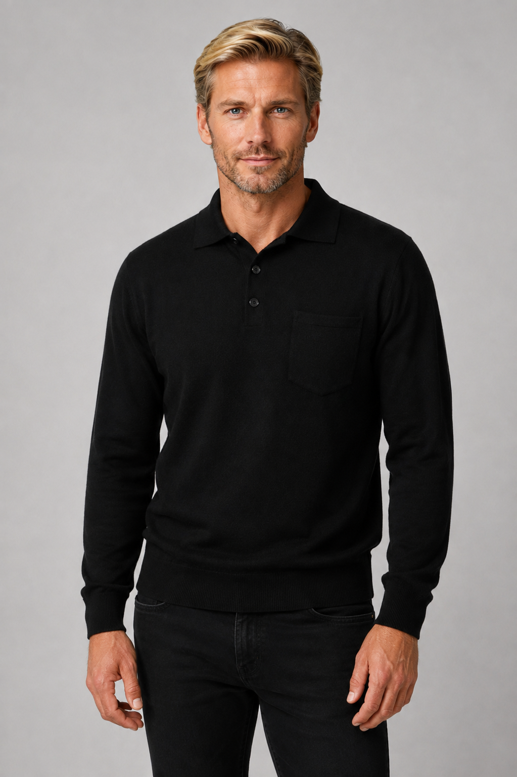 Ansett Mens 3 Button Polo Fine Merino Wool Jumper - Black