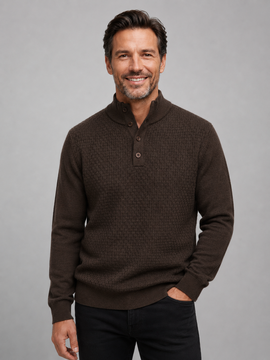 Ansett Coffee Brown Button Mock Neck Fine Merino Wool Jumper