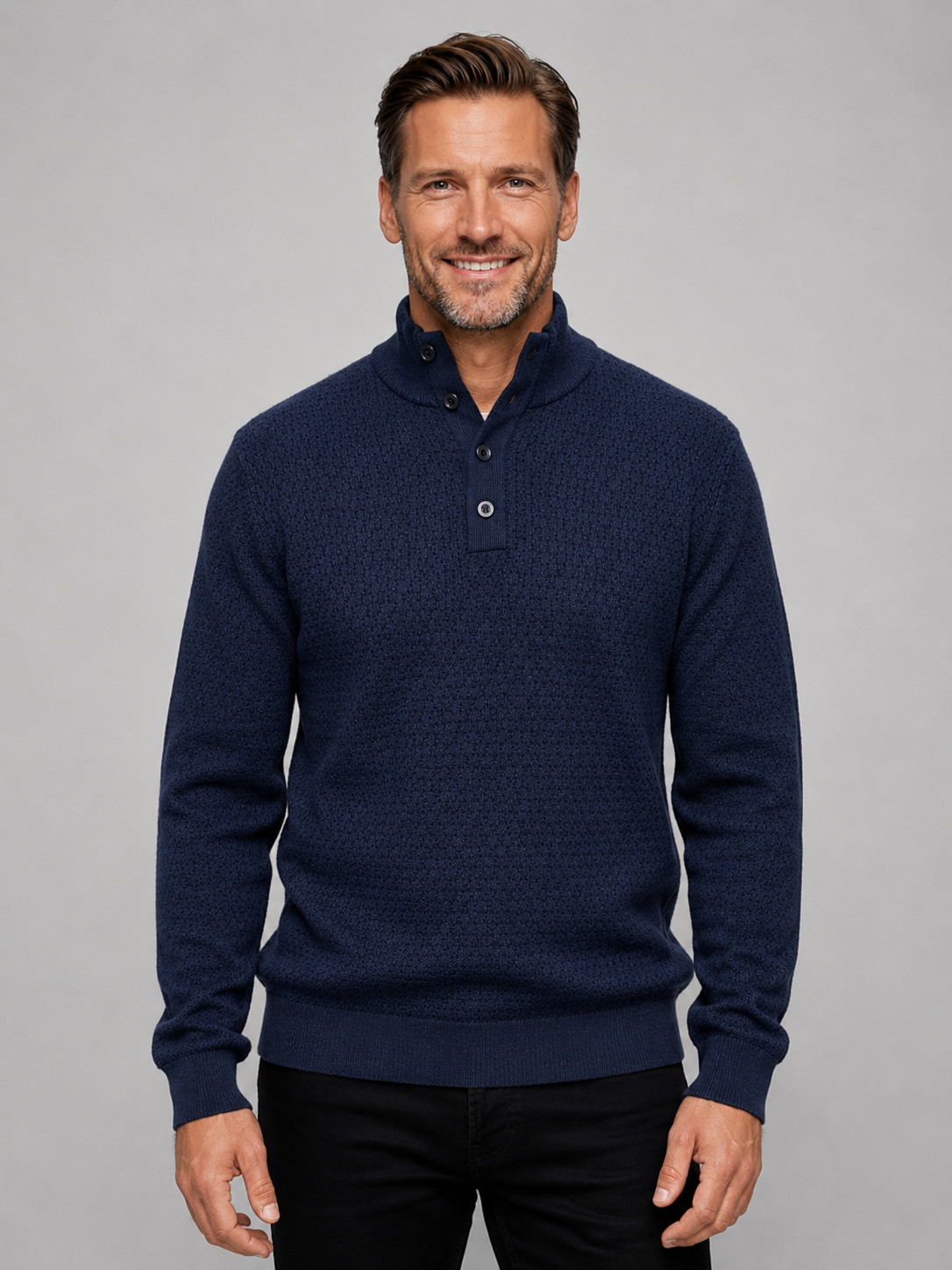 Ansett Denim Blue Button Mock Neck Fine Merino Wool Jumper