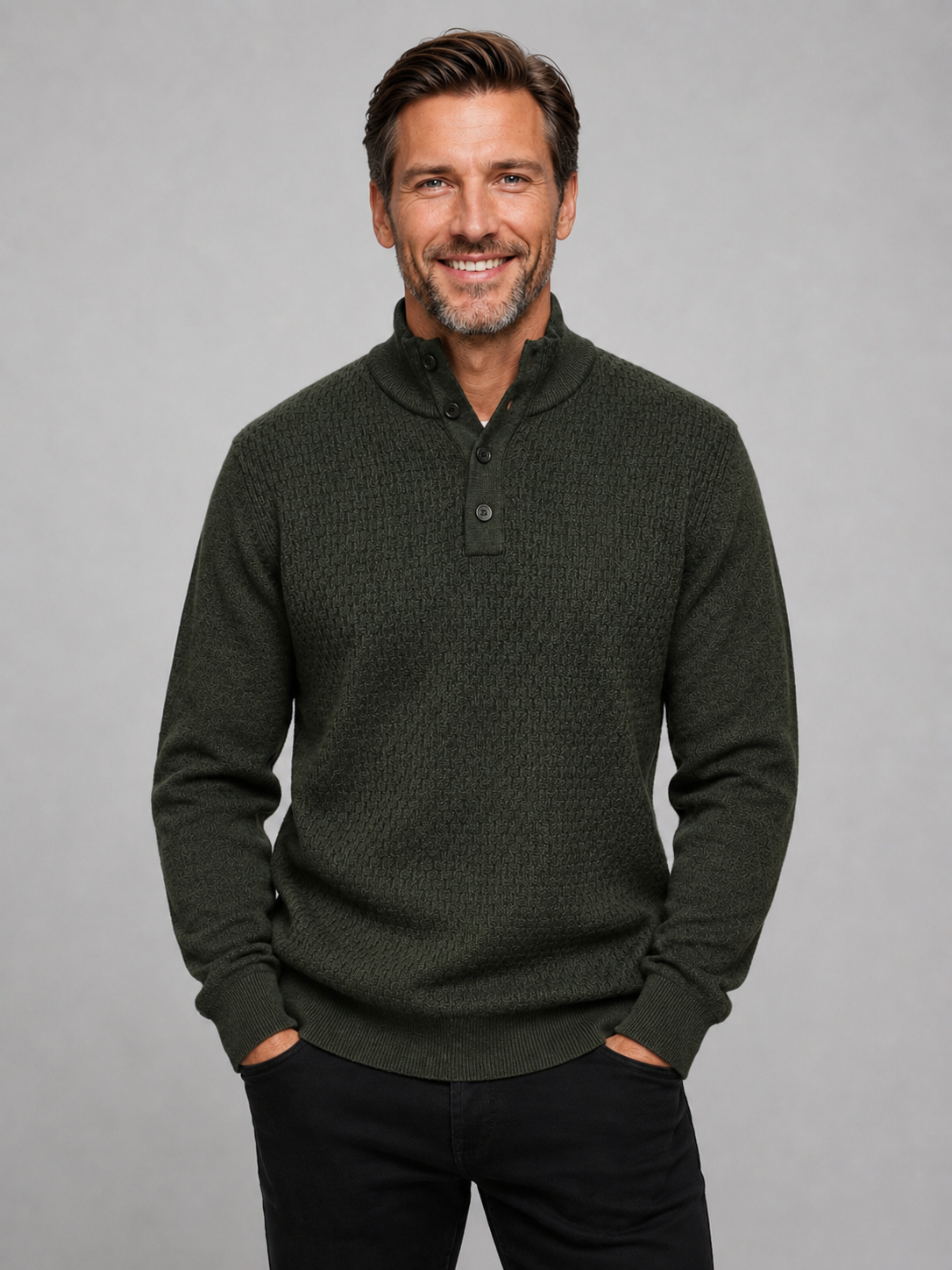 Ansett Olive Green Button Mock Neck Fine Merino Wool Jumper
