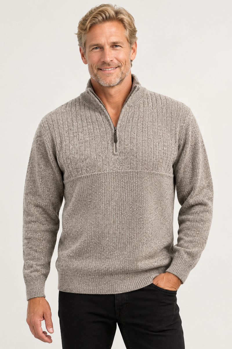 Mens Ansett Pure Wool Quarter Zip Crew Jumper - Oatmeal