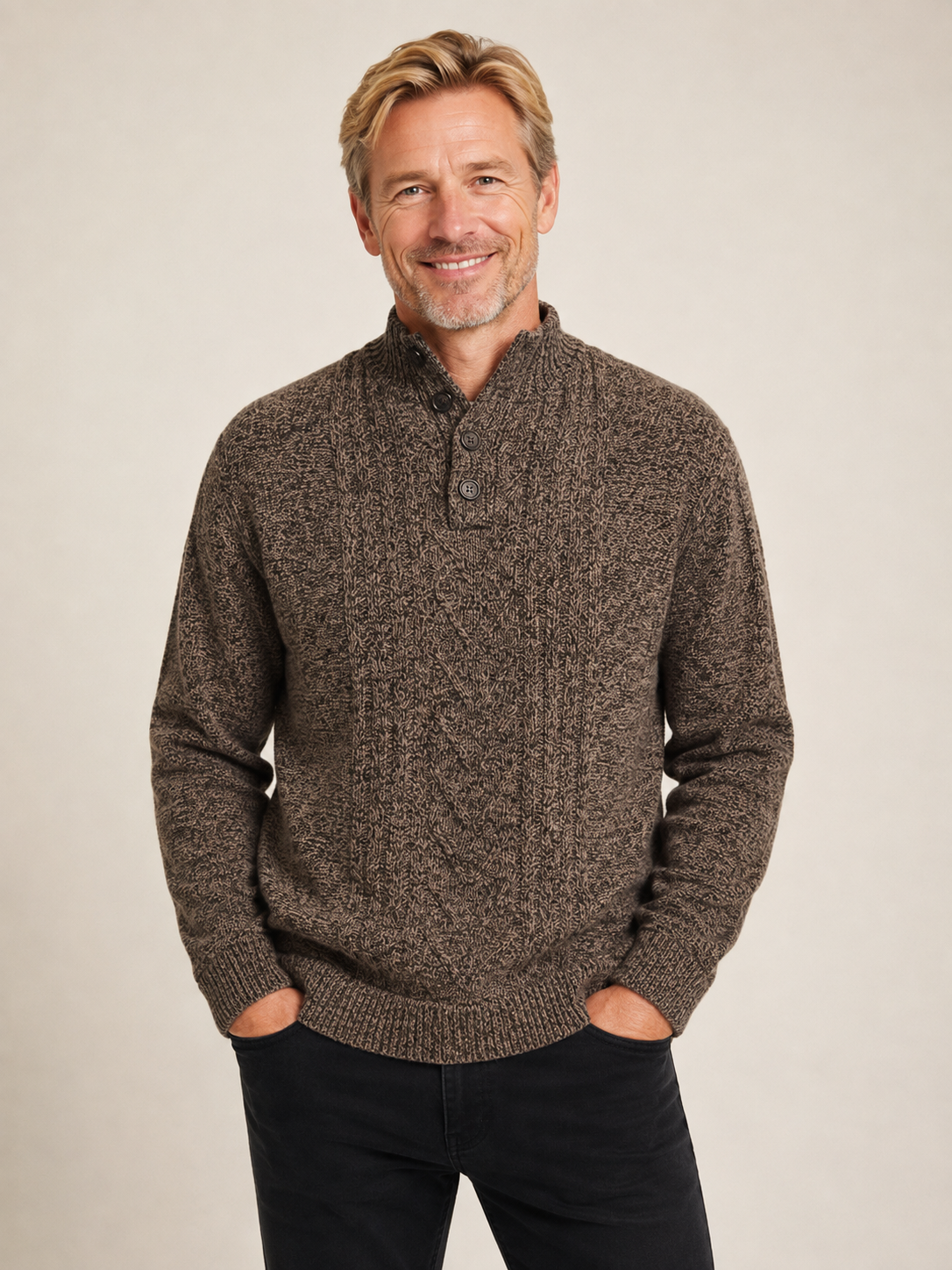 Super Soft Merino Wool Polo Neck Button Collar Jumper - Tan Marble
