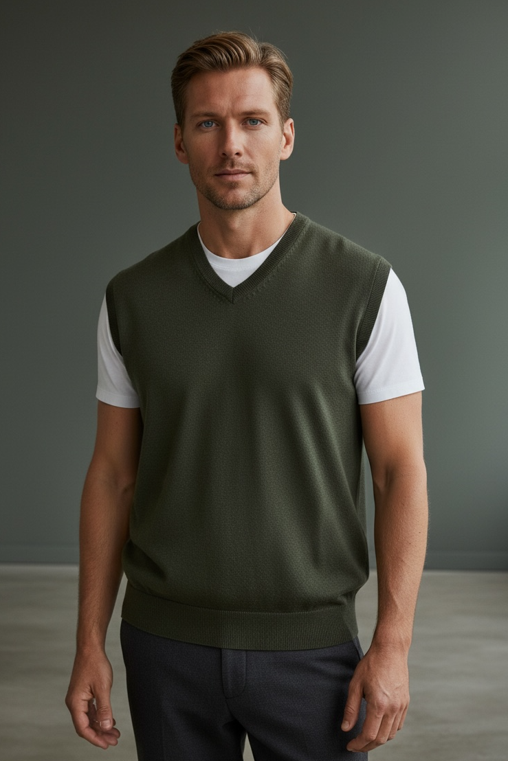 Man wearing a green vest over a white shirt with dark pants against a gray background