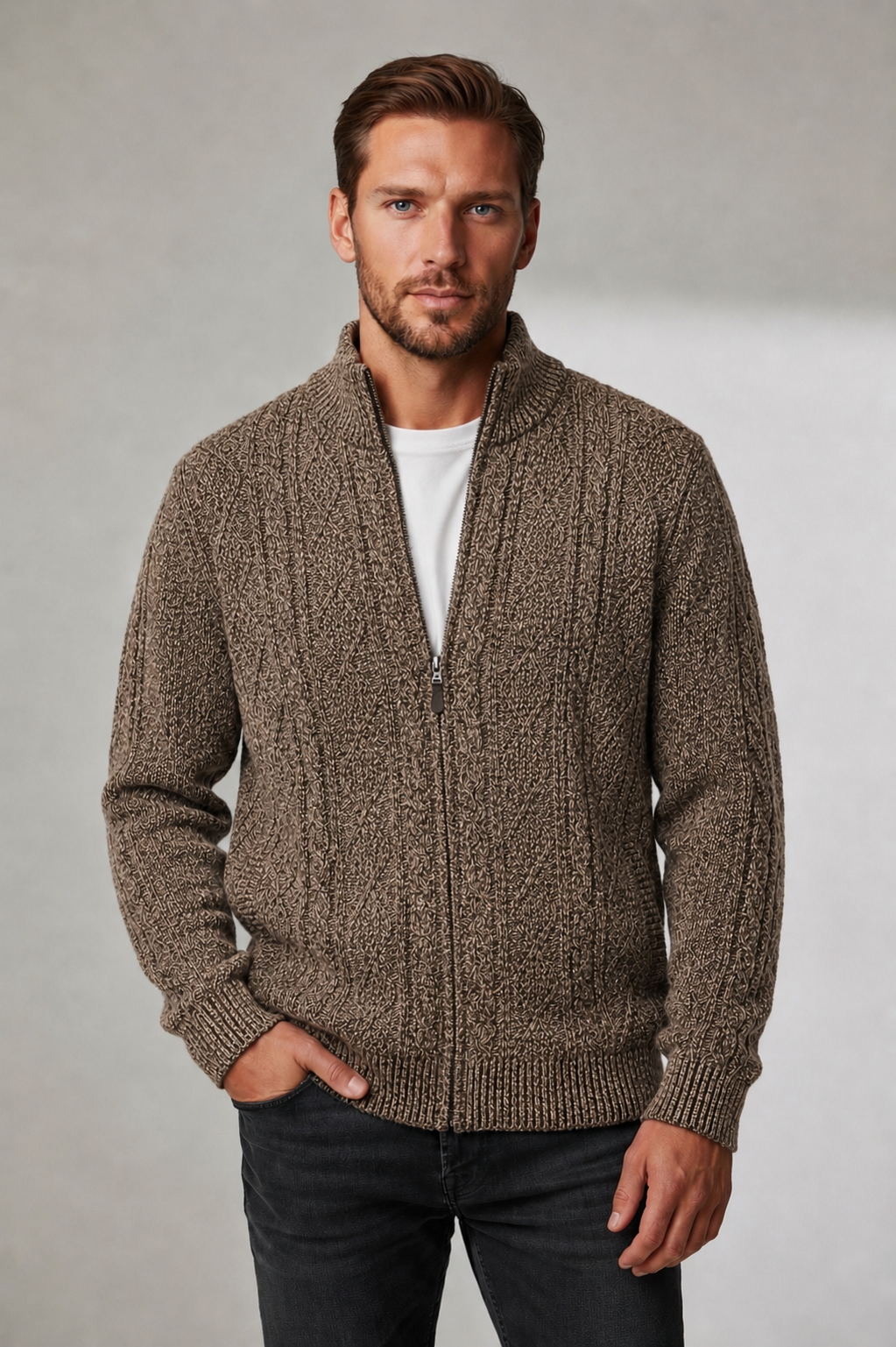 Ansett Men's Pure Wool Zip Jacket - Tan Marble