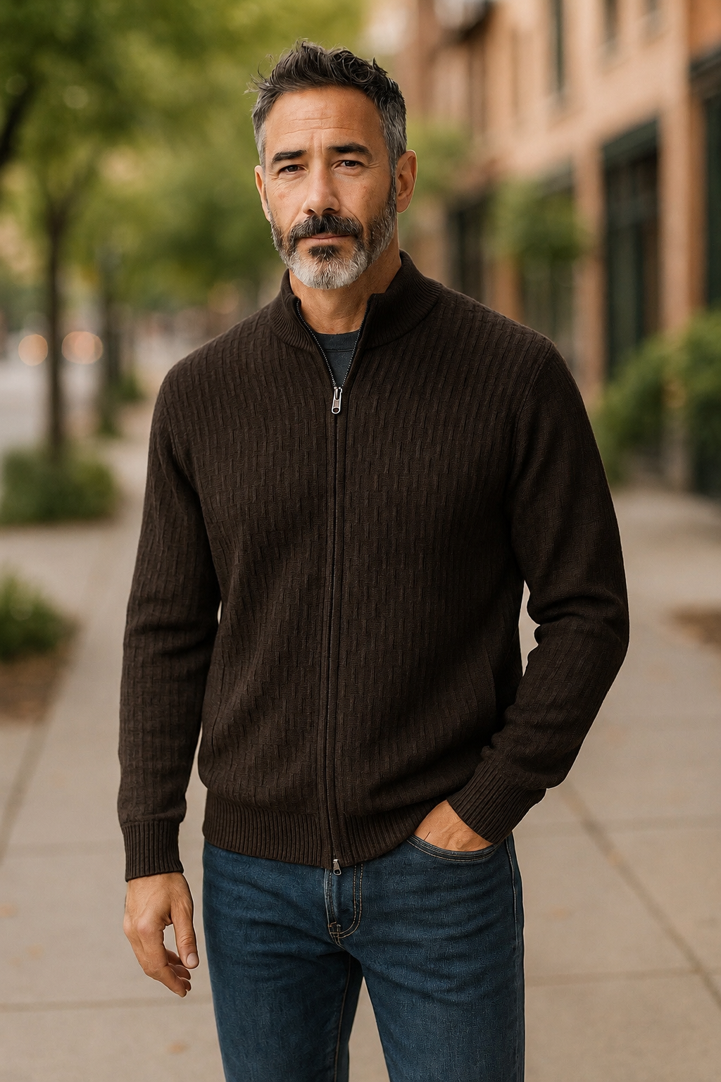 Fine Merino Wool Textured Zip Cardigan - Coffee Brown