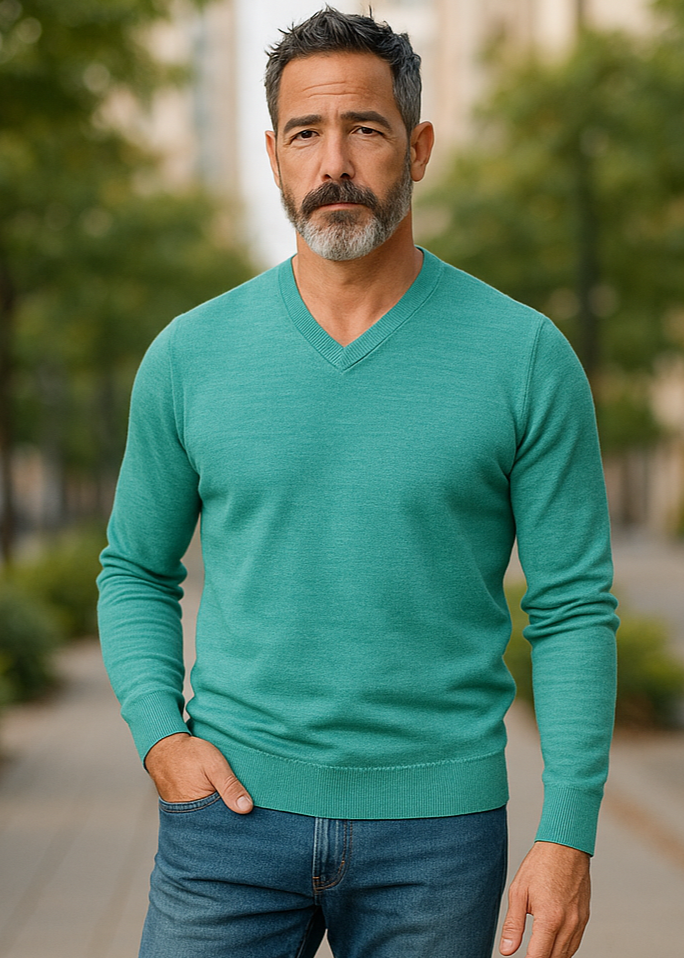 Ansett Mineral Green Fine Weight Merino Wool V Neck Jumper