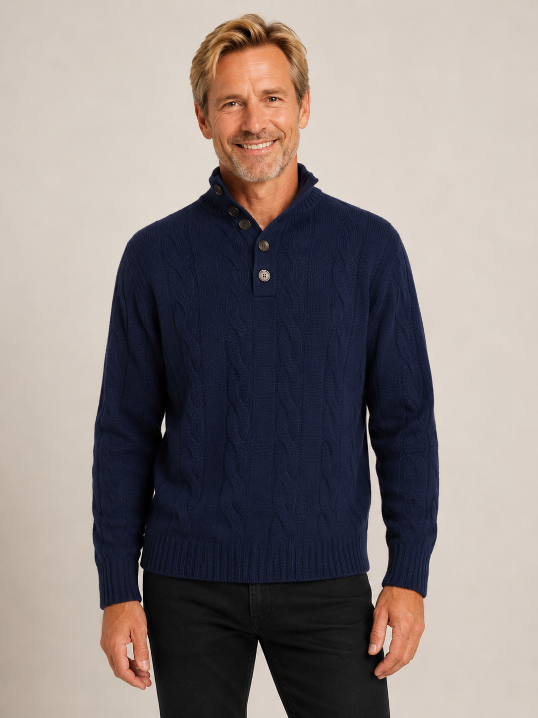 Ansett Men's Cashmere Merino Wool Cable Knit Jumper - Navy Blue
