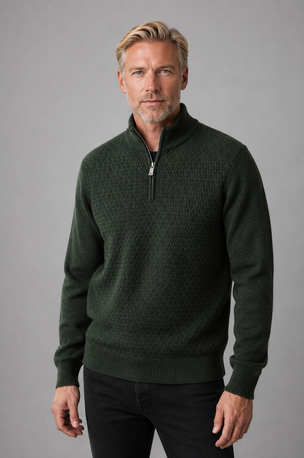 Olive Green Pure Wool Half Zip Sweater