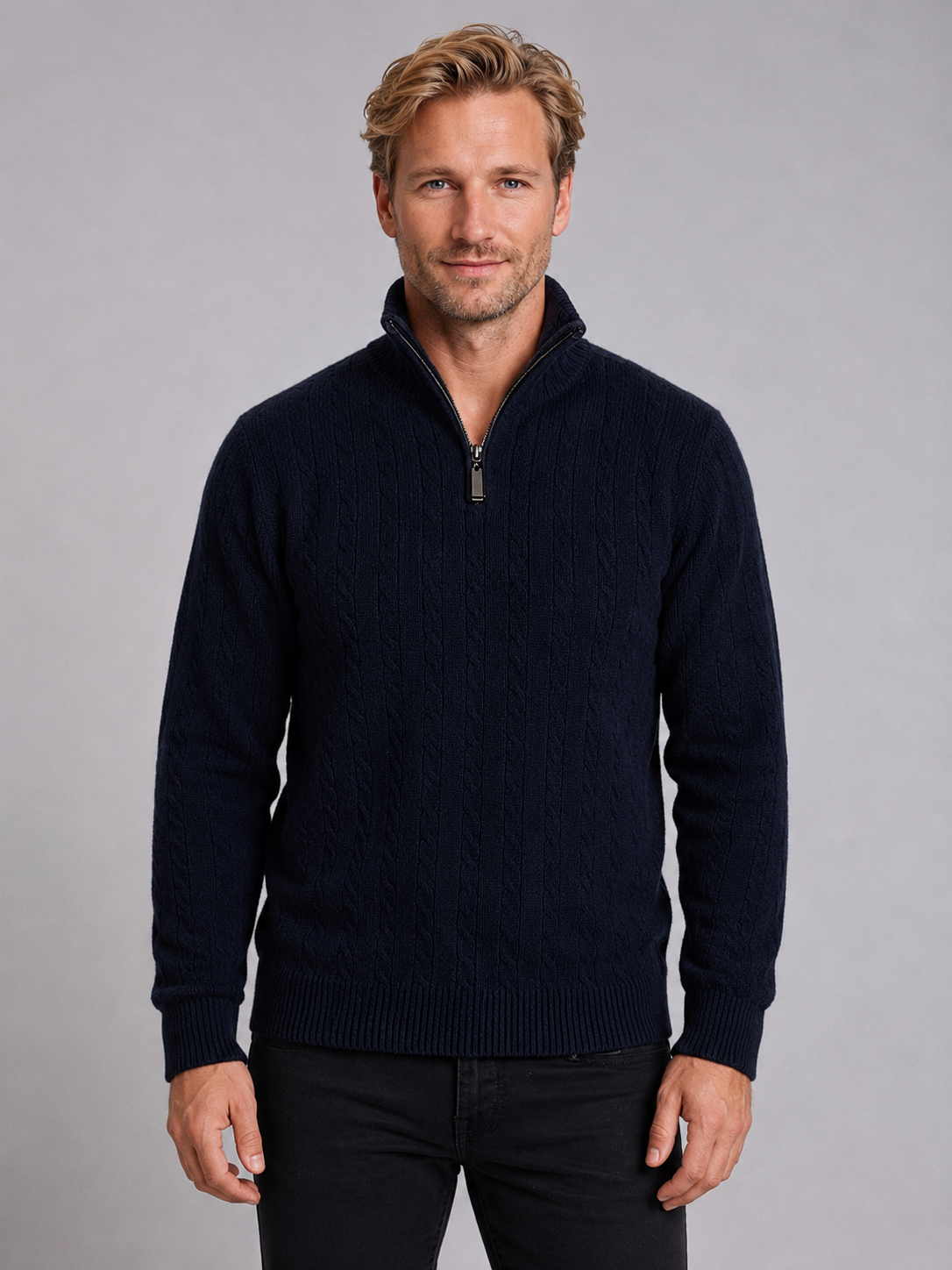 Men’s Possum Merino Wool Cable Knit Sweater Half-Zip Winter Jumper – Navy