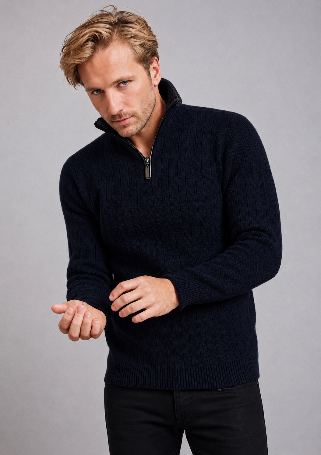 Men’s Possum Merino Wool Cable Knit Sweater Half-Zip Winter Jumper – Navy