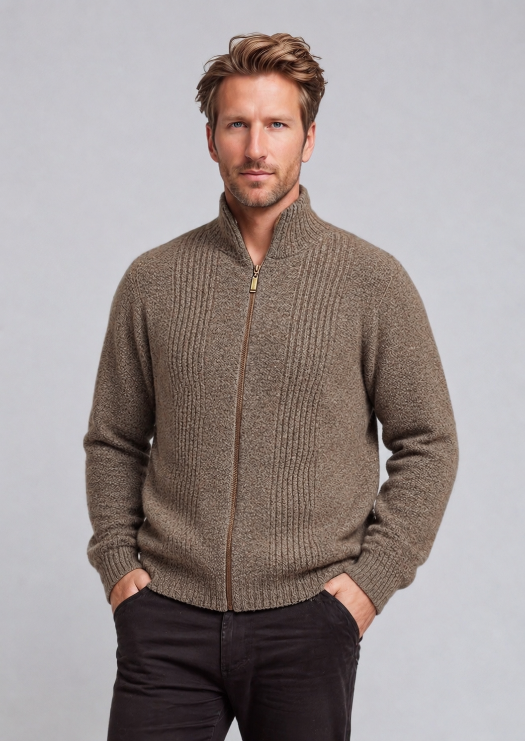 Bark Brown Possum Merino Rib Front Zip Jacket