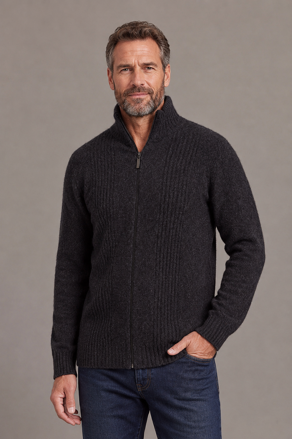 Charcoal Grey Possum Merino Rib Front Zip Jacket