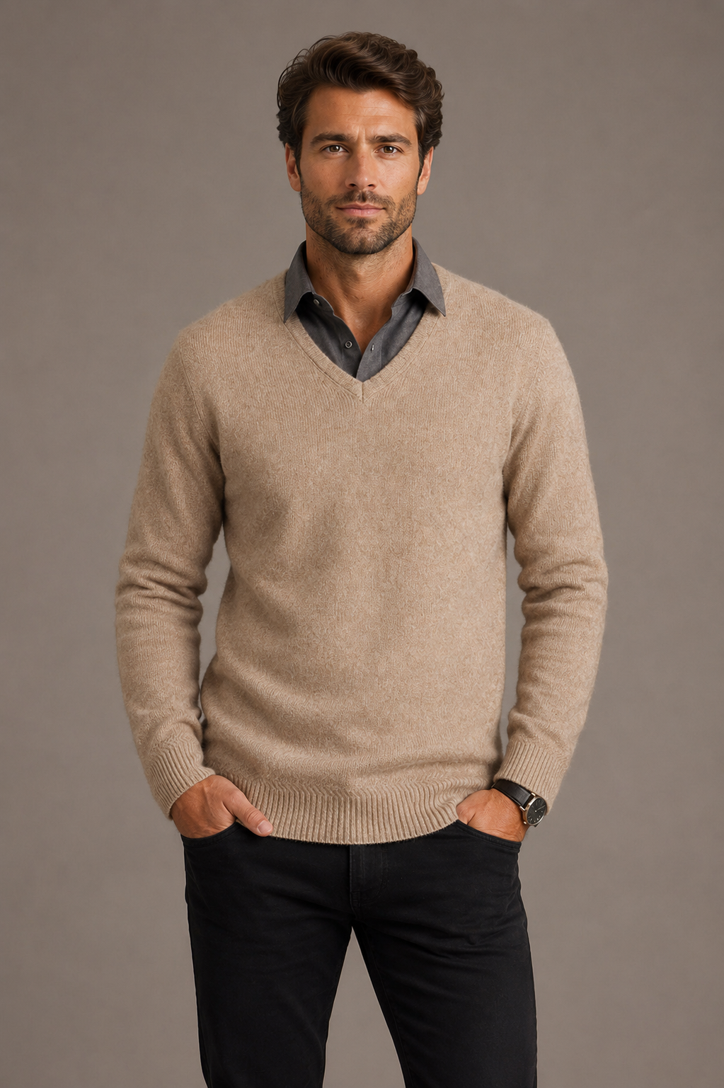 McDonald Men's Possum Merino V Neck Jumper - Mocha
