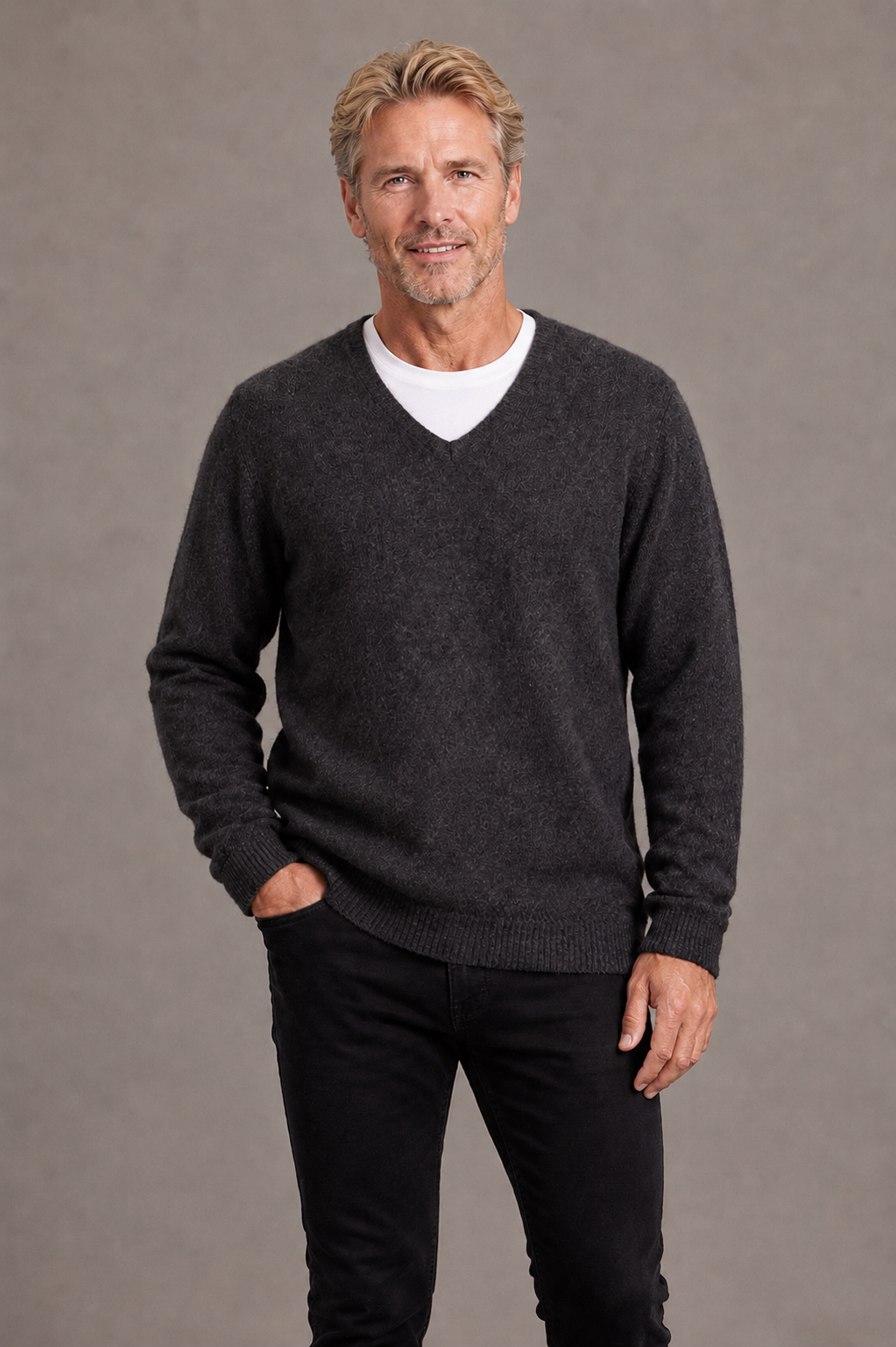 McDonald Men's Possum Merino V Neck Jumper - Charcoal Grey