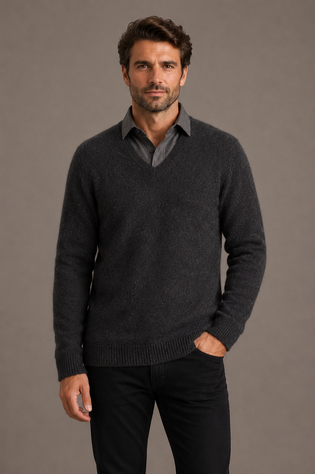 McDonald Men's Possum Merino V Neck Jumper - Charcoal Grey