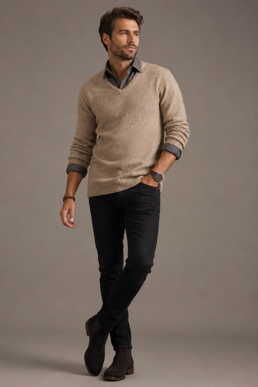 McDonald Men's Possum Merino V Neck Jumper - Mocha