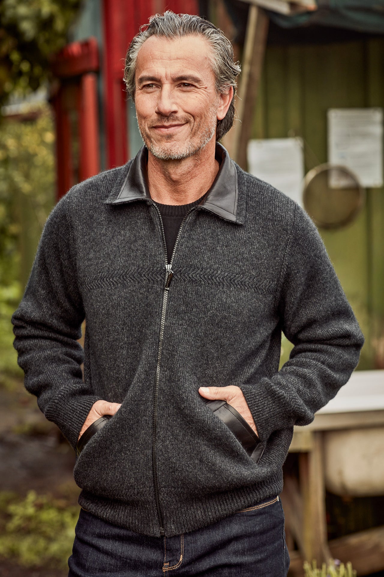 Charcoal McDonald Possum Merino Zip Jacket With Leather Trim