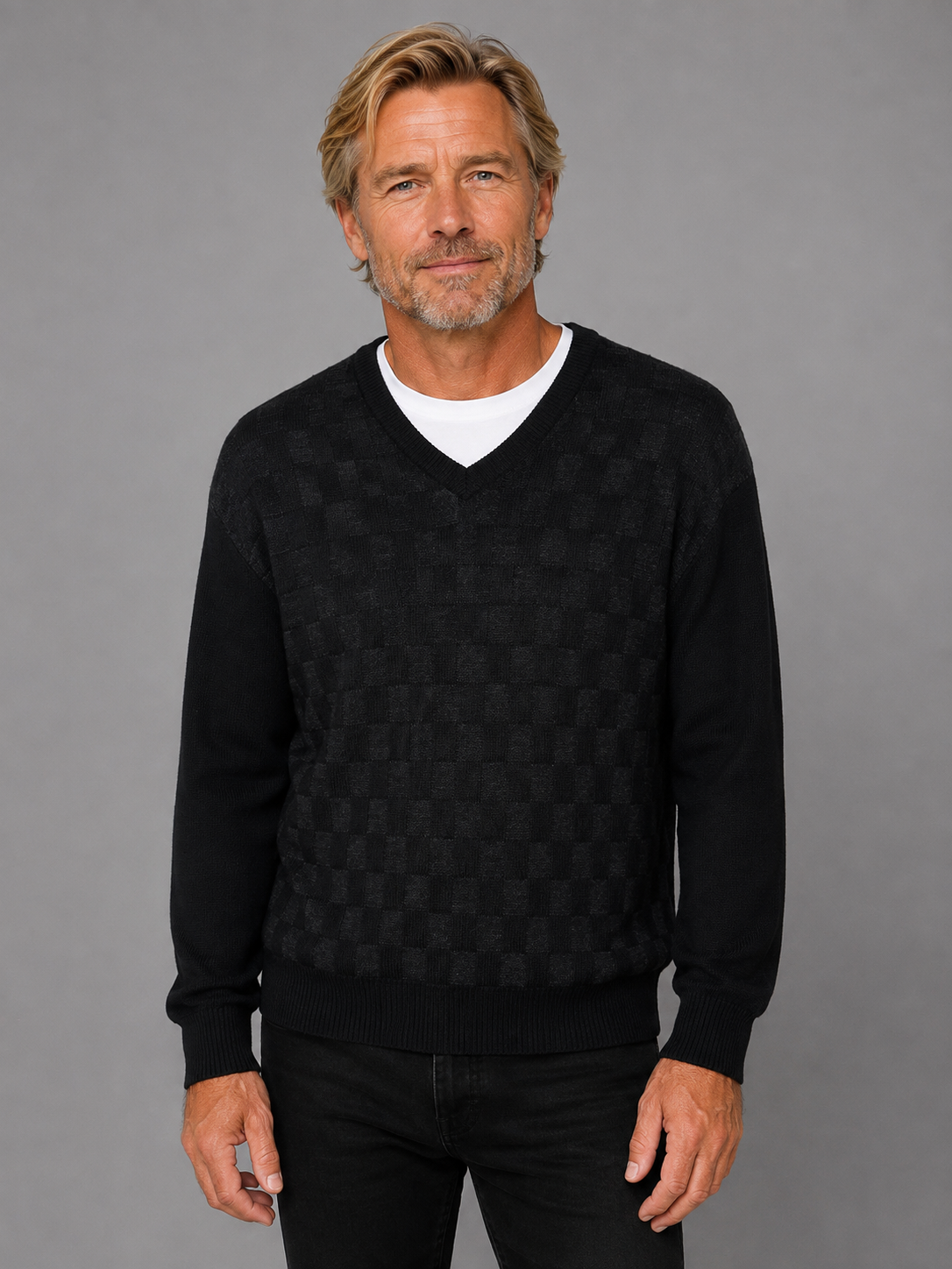 Ansett Men's Pure Wool Self Patterned V Neck Jumper - Black